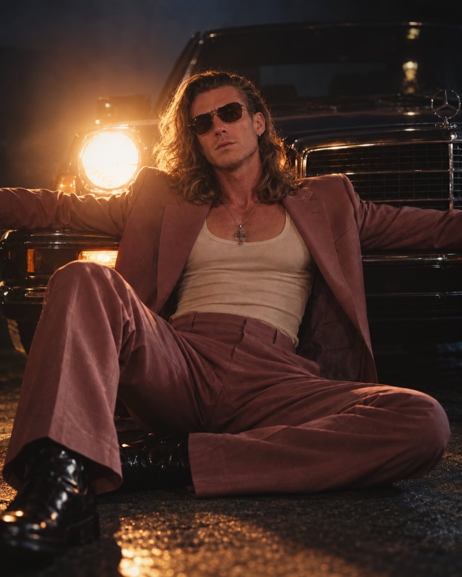 Adi Gheo in a rust suit and sunglasses beside a vintage car at night