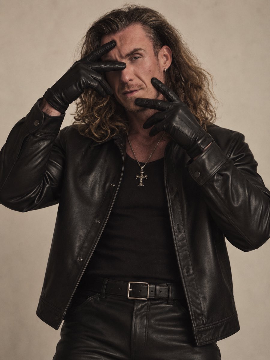 Adi Gheo in a black leather jacket, framing his face with gloved hands