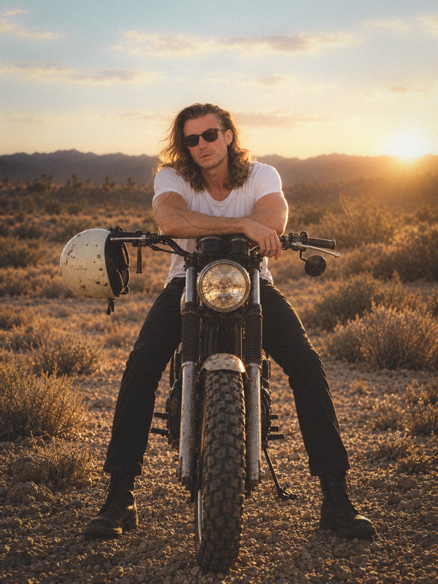 Adi Gheo on a vintage motorcycle in the desert at sunset